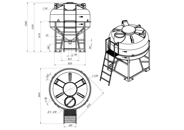 Емкость ЦКТ 3000 л с патрубком 160мм с фланцем под плотность до 1,2 г/см³ белая в обрешетке с лестницей